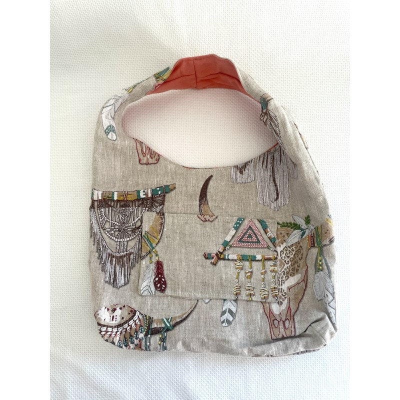 Sac à main femme artisanal avec poches – Jacquard ou lin beige attrape-rêves